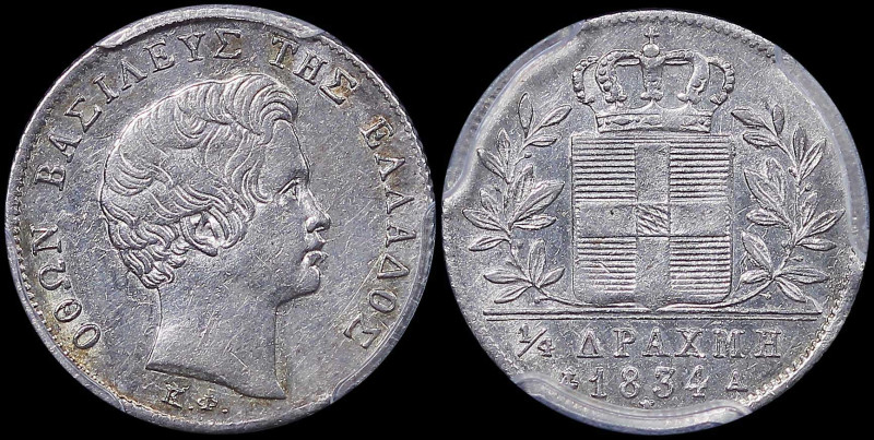 GREECE: 1/4 Drachma (1834 A) (type I) in silver (0,900). Head of King Otto facin...