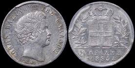 GREECE: 1/4 Drachma (1834 A) (type I) in silver (0,900). Head of King Otto facing right and inscription "ΟΘΩΝ ΒΑΣΙΛΕΥΣ ΤΗΣ ΕΛΛΑΔΟΣ" on obverse. Inside...