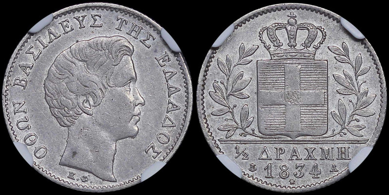 GREECE: 1/2 Drachma (1834 A) (type I) in silver (0,900). Head of King Otto facin...