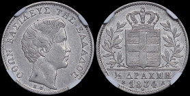 GREECE: 1/2 Drachma (1834 A) (type I) in silver (0,900). Head of King Otto facing right and inscription "ΟΘΩΝ ΒΑΣΙΛΕΥΣ ΤΗΣ ΕΛΛΑΔΟΣ" on obverse. Inside...