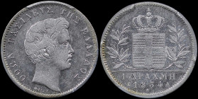 GREECE: 1 Drachma (1834 A) (type I) in silver (0,900). Head of King Otto facing right and inscription "ΟΘΩΝ ΒΑΣΙΛΕΥΣ ΤΗΣ ΕΛΛΑΔΟΣ" on obverse. Inside s...