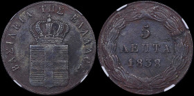 GREECE: 5 Lepta (1838) (type I) in copper. Royal coat of arms and inscription "ΒΑΣΙΛΕΙΑ ΤΗΣ ΕΛΛΑΔΟΣ" on obverse. Inside slab by NGC "AU DETAILS / ENVI...