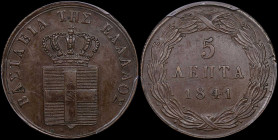 GREECE: 5 Lepta (1841) (type I) in copper. Royal coat of arms and inscription "ΒΑΣΙΛΕΙΑ ΤΗΣ ΕΛΛΑΔΟΣ" on obverse. Inside slab by PCGS "AU 58". Cert num...