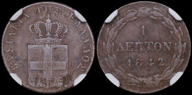 GREECE: 1 Lepton (1842) (type I) in copper. Royal coat of arms and inscription "ΒΑΣΙΛΕΙΑ ΤΗΣ ΕΛΛΑΔΟΣ" on obverse. Inside slab by NGC "AU 50 BN". Cert ...