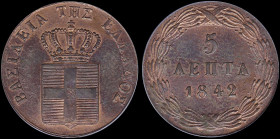 GREECE: 5 Lepta (1842) (type I) in copper. Royal coat of arms and inscription "ΒΑΣΙΛΕΙΑ ΤΗΣ ΕΛΛΑΔΟΣ" on obverse. Inside slab by PCGS "MS 61 RB / Vasil...