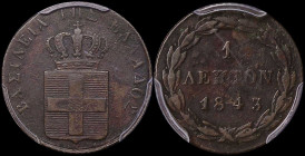 GREECE: 1 Lepton (1843) (type I) in copper. Royal coat of arms and inscription "ΒΑΣΙΛΕΙΑ ΤΗΣ ΕΛΛΑΔΟΣ" on obverse. Inside slab by PCGS "XF Detail / Env...