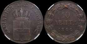 GREECE: 10 Lepta (1844) (type II) in copper. Royal coat of arms and inscription "ΒΑΣΙΛΕΙON ΤΗΣ ΕΛΛΑΔΟΣ" on obverse. Inside slab by NGC "AU 58 BN / BAS...