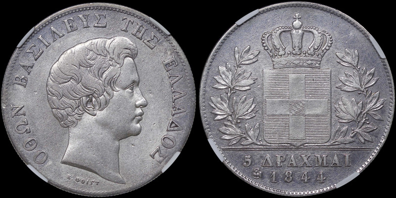 GREECE: 5 Drachmas (1844) (type I) in silver (0,900). Head of King Otto facing r...
