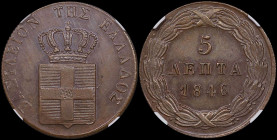 GREECE: 5 Lepta (1846) (type II) in copper. Royal coat of arms and inscription "ΒΑΣΙΛΕΙΟΝ ΤΗΣ ΕΛΛΑΔΟΣ" on obverse. Inside slab by NGC "MS 63 BN". Cert...