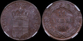 GREECE: 10 Lepta (1846) (type II) in copper. Royal coat of arms and inscription "ΒΑΣΙΛΕΙΟΝ ΤΗΣ ΕΛΛΑΔΟΣ" on obverse. Inside slab by NGC "MS 64 BN". Cer...