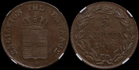 GREECE: 5 Lepta (1848) (type III) in copper. Royal coat of arms and inscription "ΒΑΣΙΛΕΙΟΝ ΤΗΣ ΕΛΛΑΔΟΣ" on obverse. Inside slab by NGC "AU 58 BN". Cer...