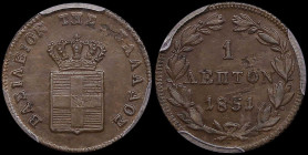 GREECE: 1 Lepton (1851) (type IV) in copper. Royal coat of arms and inscription "ΒΑΣΙΛΕΙΟΝ ΤΗΣ ΕΛΛΑΔΟΣ" on obverse. Inside slab by PCGS "MS 63 BN". Ce...