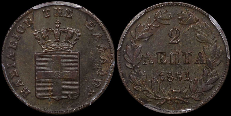 GREECE: 2 Lepta (1851) (type IV) in copper. Royal coat of arms and inscription "...