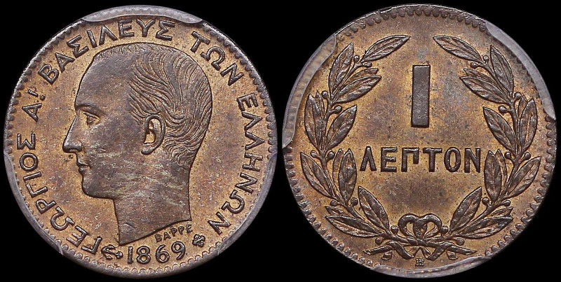 GREECE: 1 Lepton (1869 BB) (type I) in copper. Head of King George I facing left...