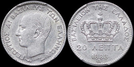 GREECE: 20 Lepta (1883 A) (type I) in silver (0,835). Head of King George I facing left and inscription "ΓΕΩΡΓΙΟΣ Α! ΒΑΣΙΛΕΥΣ ΤΩΝ ΕΛΛΗΝΩΝ" on obverse....