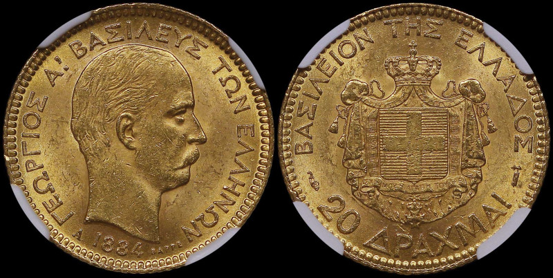 GREECE: 20 Drachmas (1884 A) (type II) in gold (0,900). Mature head of King Geor...