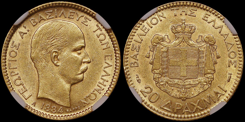 GREECE: 20 Drachmas (1884 A) (type II) in gold (0,900). Mature head of King Geor...