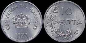 GREECE: 10 Lepta (1922) in aluminum. Royal crown and inscription "ΒΑΣΙΛΕΙΟΝ ΤΗΣ ΕΛΛΑΔΟΣ" on obverse. Inside slab by PCGS "MS 66 / Thin Planchet". Cert...