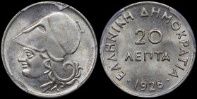 GREECE: 20 Lepta (1926) in copper-nickel. Head of Goddess Athena facing left on obverse. Inside slab by PCGS "MS 65". Cert number: 44967726. (Hellas 1...