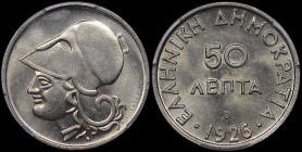 GREECE: 50 Lepta (1926 B) in copper-nickel. Head of Goddess Athena facing left on obverse. Inside slab by PCGS "MS 65+". Cert number: 40168163. (Hella...