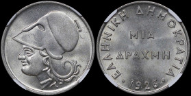 GREECE: 1 Drachma (1926) in copper-nickel. Head of Goddess Athena facing left on obverse. Inside slab by NGC "MS 64". Cert number: 5779909-032. (Hella...