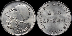 GREECE: 2 Drachmas (1926) in copper-nickel. Head of Goddess Athena facing left on obverse. Inside slab by PCGS "MS 65". Cert number: 46020156. (Hellas...