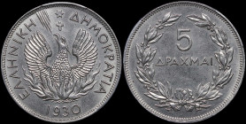 GREECE: 5 Drachmas (1930) in nickel. Phoenix and inscription "ΕΛΛΗΝΙΚΗ ΔΗΜΟΚΡΑΤΙΑ" on obverse. Inside slab by PCGS "MS 63 / Brussels Mint". Cert numbe...