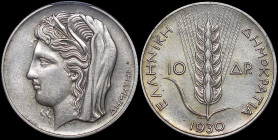 GREECE: 10 Drachmas (1930) in silver (0,500). Head of Goddess Demeter facing left on obverse. Inside slab by PCGS "AU 58". Cert number: 45049579. (Hel...
