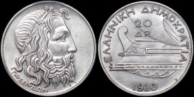 GREECE: 20 Drachmas (1930) in silver (0,500). Head of God Poseidon facing right on obverse. Inside slab by PCGS "MS 63". Cert number: 46020175. (Hella...