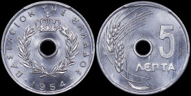 GREECE: 5 Lepta (1954) in aluminum. Royal crown and inscription "ΒΑΣΙΛΕΙΟΝ ΤΗΣ ΕΛΛΑΔΟΣ" on obverse. Inside slab by PCGS "MS 67". Cert number: 45095288...