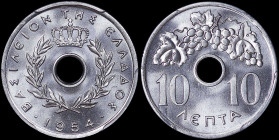 GREECE: 10 Lepta (1954) in aluminum. Royal crown and inscription "ΒΑΣΙΛΕΙΟΝ ΤΗΣ ΕΛΛΑΔΟΣ" on obverse. Inside slab by PCGS "MS 66". Cert number: 4416860...