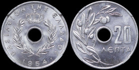 GREECE: 20 Lepta (1954) in aluminum. Royal Crown and inscription "ΒΑΣΙΛΕΙΟΝ ΤΗΣ ΕΛΛΑΔΟΣ" on obverse. Inside slab by CCG "MS 66". Cert number: AA968840...