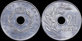 GREECE: 20 Lepta (1959) in aluminum. Royal crown and inscription "ΒΑΣΙΛΕΙΟΝ ΤΗΣ ΕΛΛΑΔΟΣ" on obverse. Inside slab by PCGS "MS 67". Cert number: 4399478...