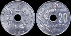 GREECE: 20 Lepta (1959) in aluminum. Royal crown and inscription "ΒΑΣΙΛΕΙΟΝ ΤΗΣ ΕΛΛΑΔΟΣ" on obverse. Inside slab by PCGS "MS 65". Cert number: 4601998...