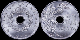 GREECE: 20 Lepta (1964) in aluminum. Royal crown and inscription "ΒΑΣΙΛΕΙΟΝ ΤΗΣ ΕΛΛΑΔΟΣ" on obverse. Inside slab by NGC "MS 68". Top pop in both compa...
