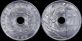 GREECE: 20 Lepta (1966) (type I) in aluminum. Royal crown and inscription "ΒΑΣΙΛΕΙΟΝ ΤΗΣ ΕΛΛΑΔΟΣ" on obverse. Inside slab by PCGS "MS 66". Cert number...