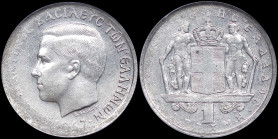 GREECE: 1 Drachma (1967) (type I) in silver. Head of King Constantine II facing left and inscription "ΚΩΝCΤΑΝΤΙΝΟC ΒΑCΙΛΕΥC ΤΩΝ ΕΛΛΗΝΩΝ" on obverse. I...