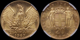 GREECE: 20 Drachmas (1970) in gold (0,900) commemorating the April 21st 1967. Phoenix and soldier on obverse. Inside slab by NGC "MS 68 / 1967 REVOLUT...