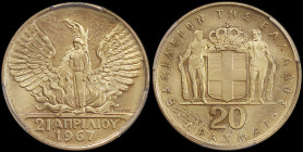 GREECE: 20 Drachmas (1970) in gold (0,900) commemorating the April 21st 1967. Phoenix and soldier on obverse. Inside slab by PCGS "MS 66 / 1967 Revolu...