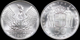 GREECE: 50 Drachmas (1970) in silver (0,900) commemorating the April 21st 1967. Phoenix and soldier on obverse. Inside slab by NGC "MS 68 / 1967 REVOL...