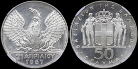 GREECE: 50 Drachmas (1970) in silver (0,900) commemorating the April 21st 1967. Phoenix and soldier on obverse. Inside slab by NGC "PF 67 CAMEO / 1967...