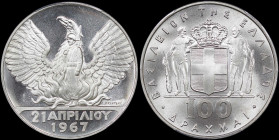 GREECE: 100 Drachmas (1970) (type I) in silver (0,900) commemorating the April 21st 1967. Phoenix and soldier on obverse. Inside slab by PCGS "MS 69 /...