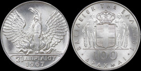 GREECE: 100 Drachmas (1970) (type I) in silver (0,900) commemorating the April 21st 1967. Phoenix and soldier on obverse. Inside slab by PCGS "MS 67 /...