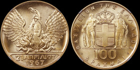 GREECE: 100 Drachmas (1970) (type II) in gold (0,900) commemorating the April 21st 1967. Phoenix and soldier on obverse. Inside slab by NGC "MS 66 / 1...