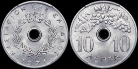 GREECE: 10 Lepta (1971) (type I) in aluminum. Royal Crown and inscription "ΒΑΣΙΛΕΙΟΝ ΤΗΣ ΕΛΛΑΔΟΣ" on obverse. Inside slab by PCGS "MS 67". Cert number...