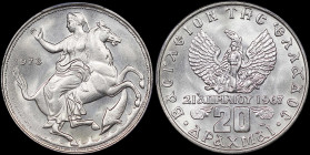 GREECE: 20 Drachmas (1973) in copper-nickel. Goddess Moon on horseback on obverse. Inside slab by PCGS "MS 67 / Narrow Rim". Cert number: 45100875. (H...