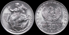 GREECE: 20 Drachmas (1973) in copper-nickel. Goddess Moon on horseback on obverse. Inside slab by PCGS "MS 67 / Wide Rim, Broken Wave Design". Cert nu...