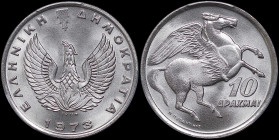 GREECE: 10 Drachmas (1973) in copper-nickel. Phoenix and inscription "ΕΛΛΗΝΙΚΗ ΔΗΜΟΚΡΑΤΙΑ" on obverse. Pegasus on reverse. Inside slab by PCGS "MS 68 ...