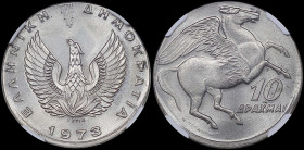 GREECE: 10 Drachmas (1973) in copper-nickel. Phoenix and inscription "ΕΛΛΗΝΙΚΗ ΔΗΜΟΚΡΑΤΙΑ" on obverse. Pegasus on reverse. Inside slab by NGC "MINT ER...