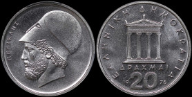GREECE: 20 Drachmas (1976) (type I) in copper-nickel. Temple of Apteros Nike on obverse. Head of Pericles facing left on reverse. Inside slab by PCGS ...